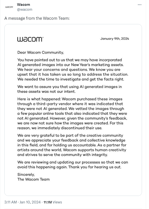 "Thản nhiên" như Wacom: Khách mua hàng chính đang lo bị AI cướp việc, vẫn dùng AI để làm ảnh quảng cáo và viết thư xin lỗi- Ảnh 2.