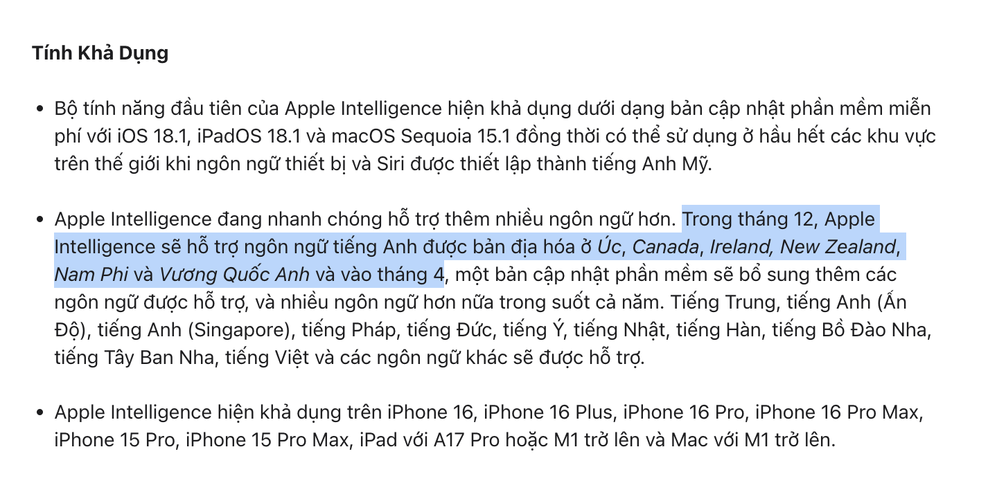 Apple Intelligence sẽ hỗ trợ Việt Nam 