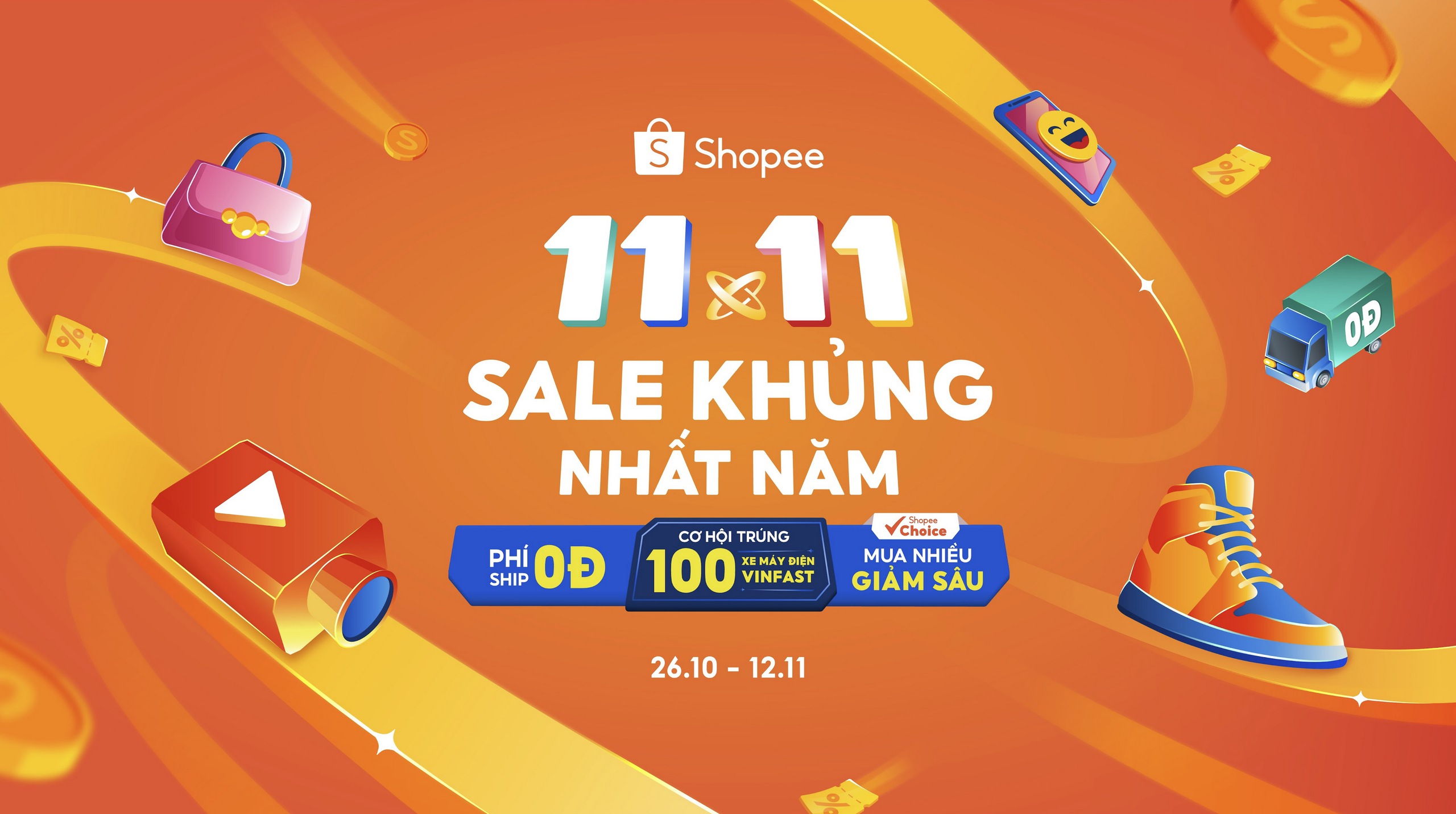 Sale đôi 11/11 có gì trên Shopee: Mã freeship đến 500.000đ, cơ hội trúng xe máy điện Vinfast, xem live stream 