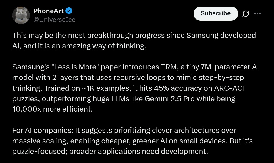 Samsung gây chấn động giới công nghệ: Mô hình AI chỉ 7 triệu tham số nhưng 'vượt mặt' cả những gã khổng lồ về AI- Ảnh 2.