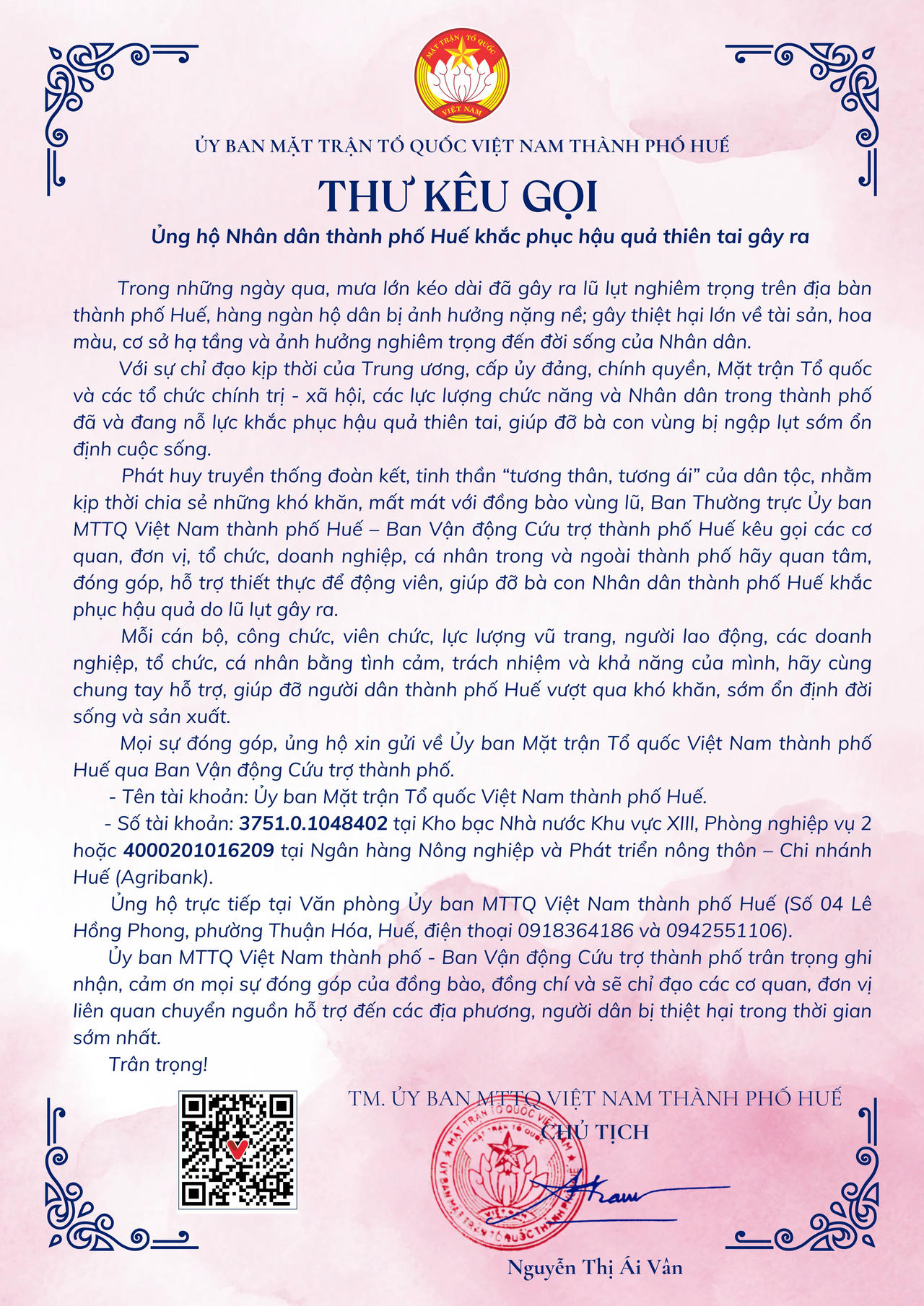 Mặt trận thành phố Huế kêu gọi ủng hộ nhân dân khắc phục hậu quả do mưa lũ- Ảnh 2.