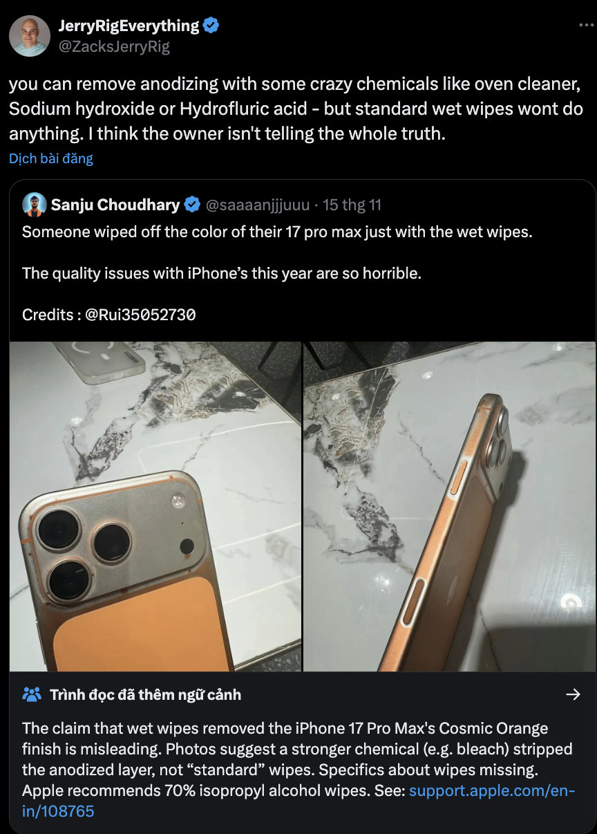 Sự thật iPhone 17 Pro Max “bay màu” sau khi lau bằng khăn ướt- Ảnh 4. Sự thật iPhone 17 Pro Max “bay màu” sau khi lau bằng khăn ướt- Ảnh 4.