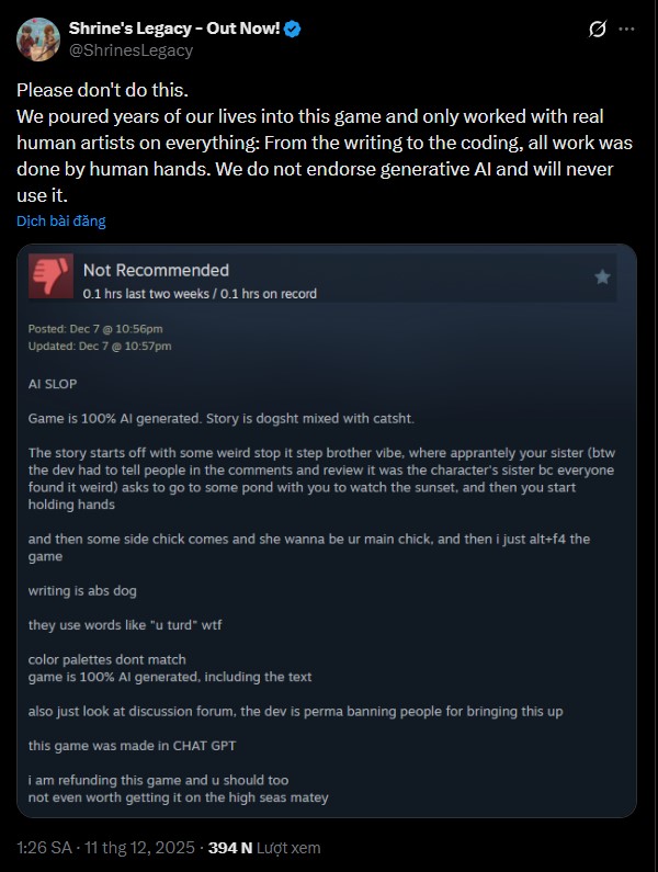 Tranh cãi gay gắt: Nhà phát triển game kêu cứu khi bị cáo buộc dùng AI tạo ra Tranh cãi gay gắt: Nhà phát triển game kêu cứu khi bị cáo buộc dùng AI tạo ra