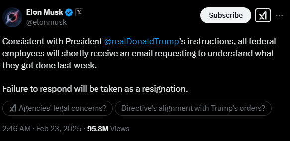 Không trả lời email là bị đuổi: Elon Musk gửi tối hậu thư tới hàng triệu nhân viên liên bang, chuẩn bị dùng AI để đánh giá nhân sự- Ảnh 2.