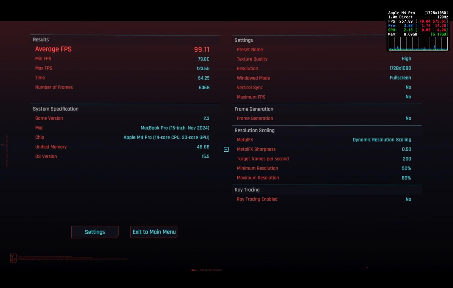Không đùa đâu: MacBook Pro chơi Cyberpunk 2077 cả trăm FPS, còn hai mẫu Mac "quốc dân" cũng chạy vèo vèo- Ảnh 15. Không đùa đâu: MacBook Pro chơi Cyberpunk 2077 cả trăm FPS, còn hai mẫu Mac "quốc dân" cũng chạy vèo vèo- Ảnh 15.
