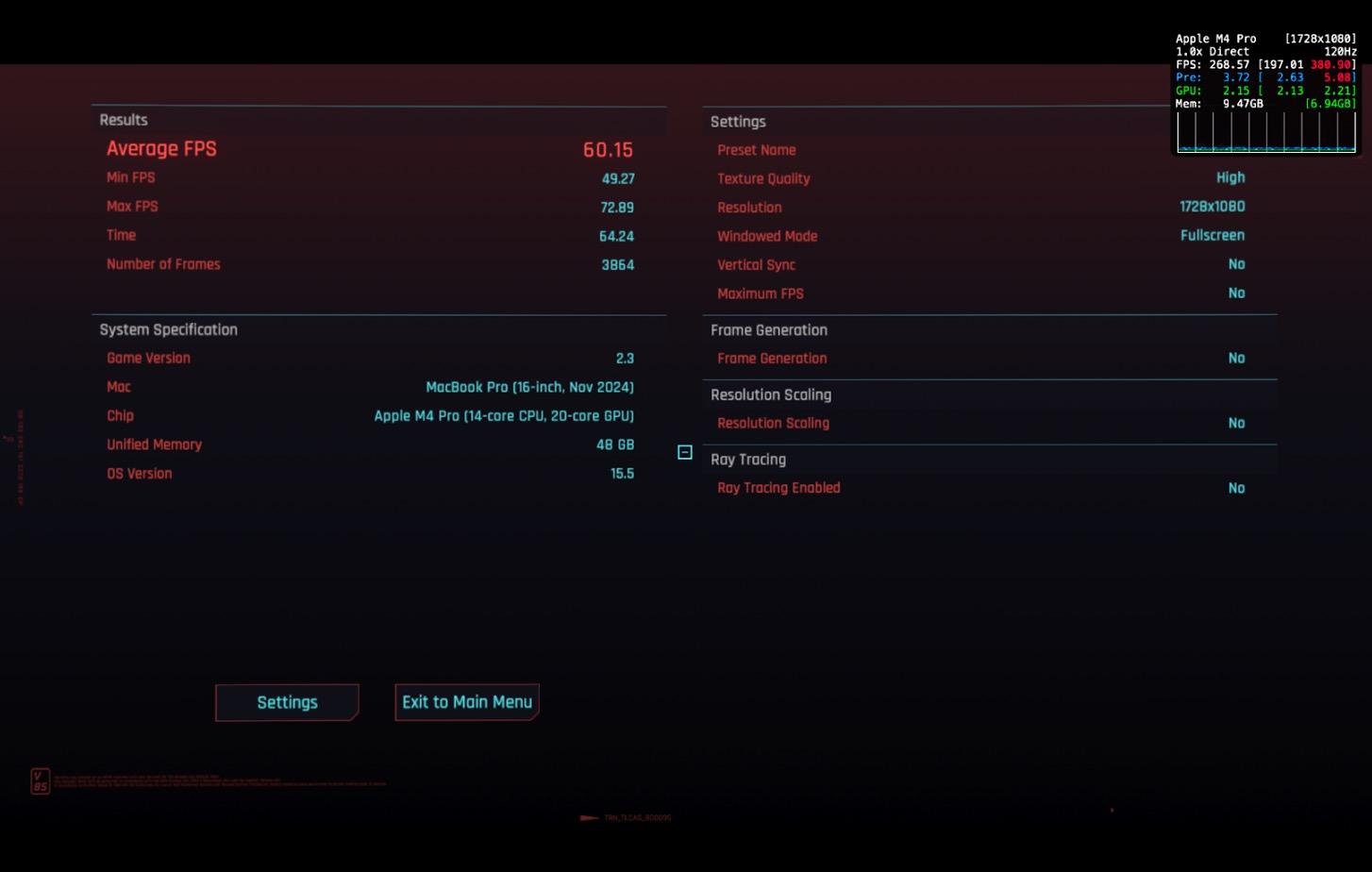 Không đùa đâu: MacBook Pro chơi Cyberpunk 2077 cả trăm FPS, còn hai mẫu Mac "quốc dân" cũng chạy vèo vèo- Ảnh 17. Không đùa đâu: MacBook Pro chơi Cyberpunk 2077 cả trăm FPS, còn hai mẫu Mac "quốc dân" cũng chạy vèo vèo- Ảnh 17.