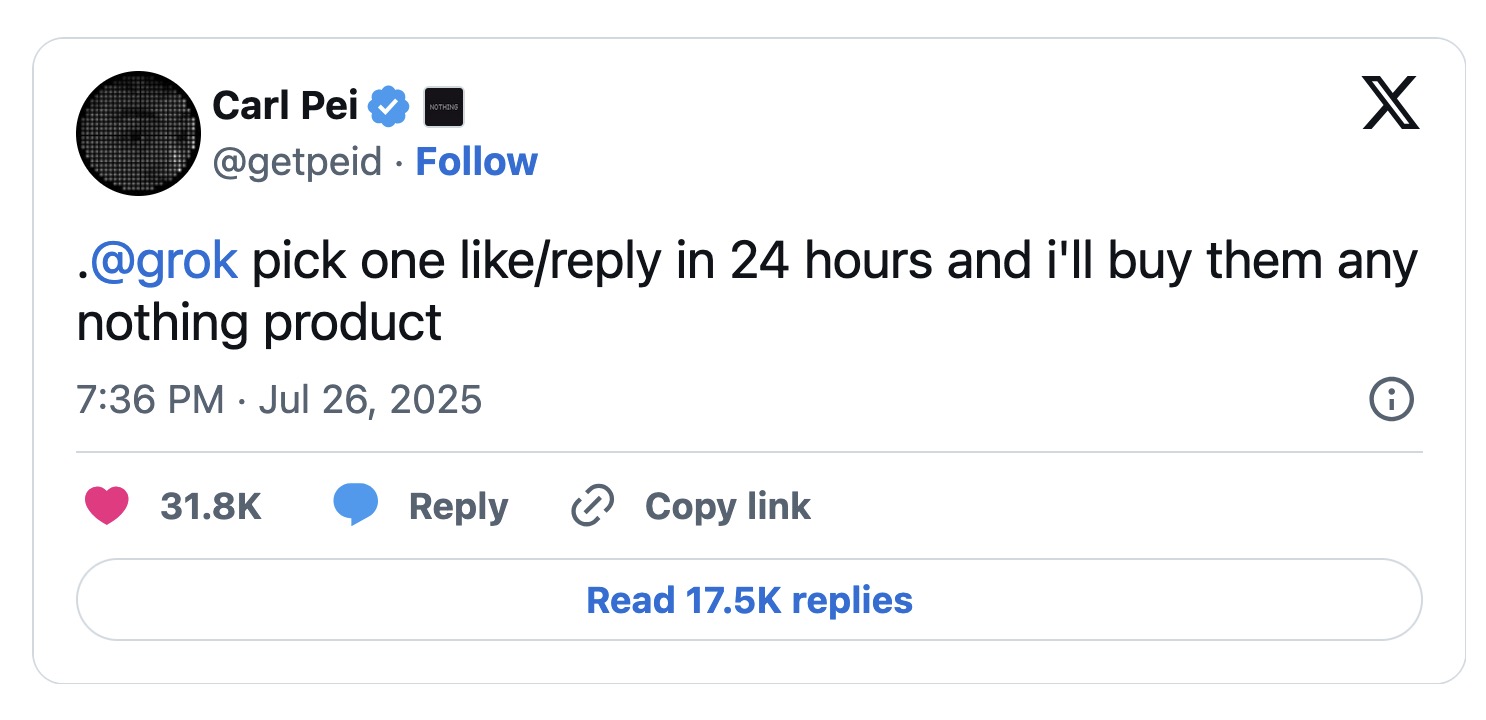 CEO Nothing dùng AI của Elon Musk làm giveaway mà dính lỗi tùm lum, dân mạng đòi công bằng- Ảnh 1. CEO Nothing dùng AI của Elon Musk làm giveaway mà dính lỗi tùm lum, dân mạng đòi công bằng- Ảnh 1.