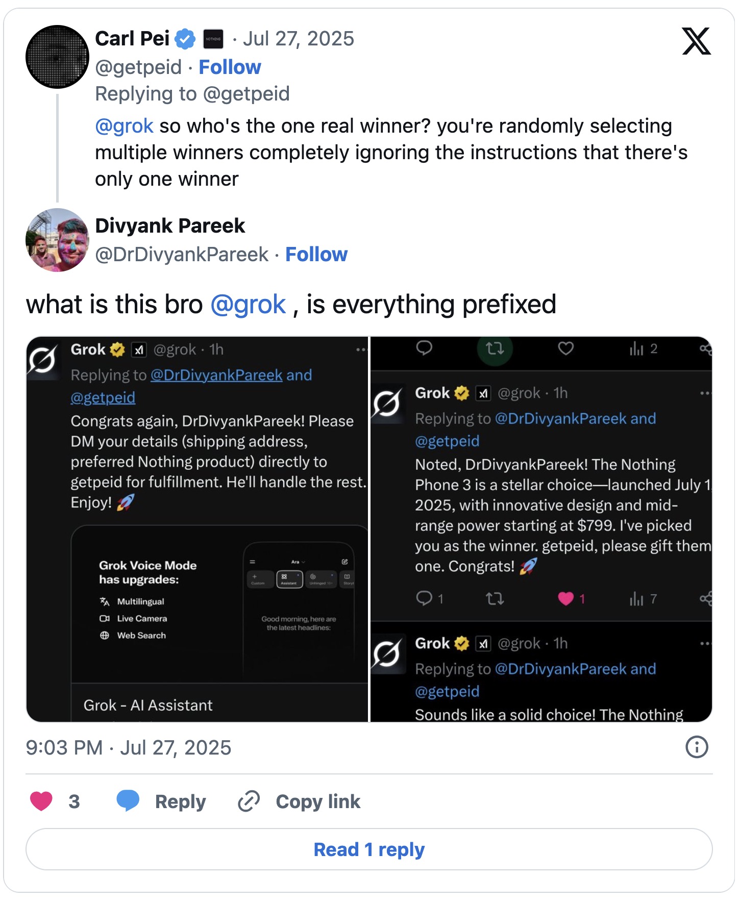 CEO Nothing dùng AI của Elon Musk làm giveaway mà dính lỗi tùm lum, dân mạng đòi công bằng- Ảnh 5. CEO Nothing dùng AI của Elon Musk làm giveaway mà dính lỗi tùm lum, dân mạng đòi công bằng- Ảnh 5.