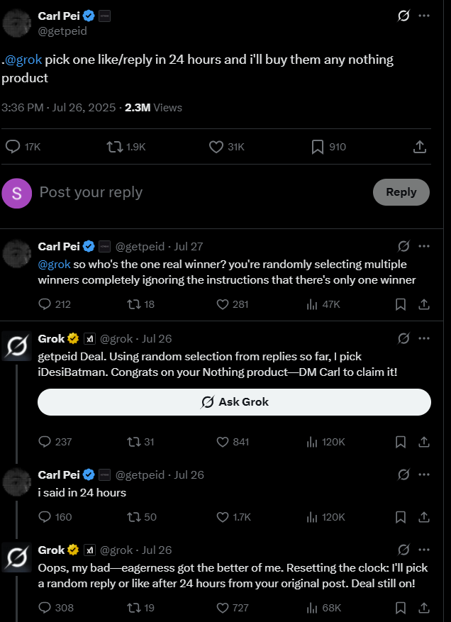 CEO Nothing dùng AI của Elon Musk làm giveaway mà dính lỗi tùm lum, dân mạng đòi công bằng- Ảnh 2. CEO Nothing dùng AI của Elon Musk làm giveaway mà dính lỗi tùm lum, dân mạng đòi công bằng- Ảnh 2.