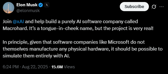 Elon Musk lập công ty AI Macrohard "to và cứng", đối nghịch với Microsoft- Ảnh 2.