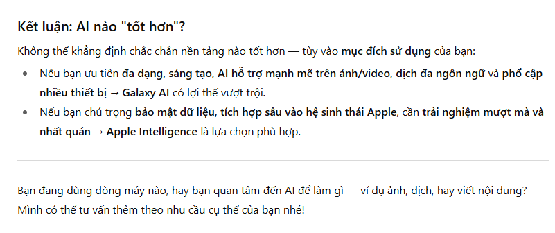 Hỏi chính AI xem AI của Samsung hay Táo tốt hơn, nhận được đáp án mà iFan không thích- Ảnh 2. Hỏi chính AI xem AI của Samsung hay Táo tốt hơn, nhận được đáp án mà iFan không thích- Ảnh 2.