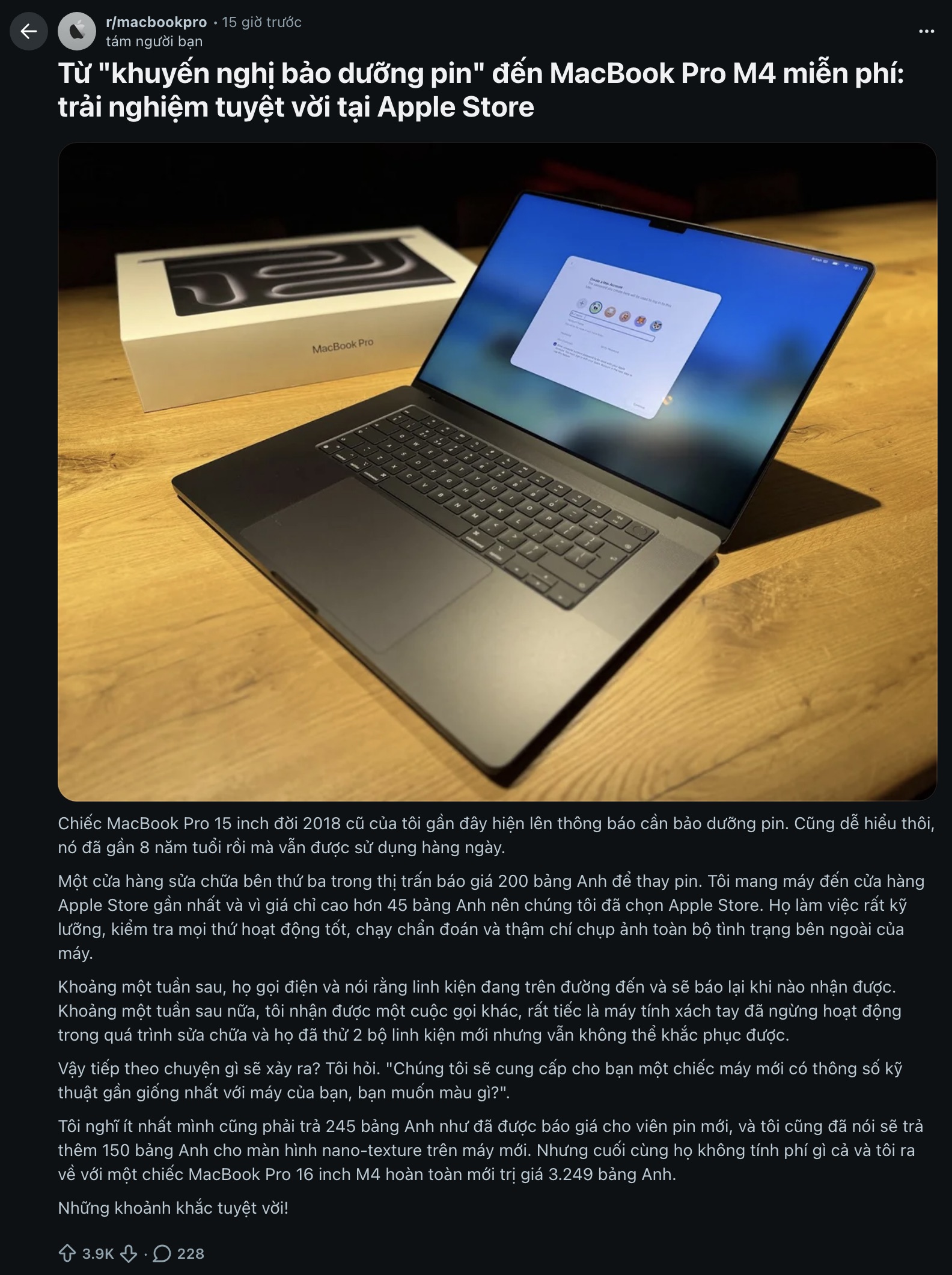 Mang MacBook Pro cũ đi thay pin, anh kh&aacute;ch được Apple n&acirc;ng đời miễn ph&iacute; l&ecirc;n MacBook Pro M4 Max hơn 4.000 USD- Ảnh 1.