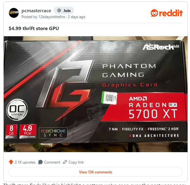 Người d&ugrave;ng n&agrave;y mua được Radeon RX 5700 XT với gi&aacute; chỉ 130.000 đồng tại chợ đồ cũ: M&oacute;n hời kh&oacute; tin giữa cơn khủng hoảng GPU- Ảnh 2.