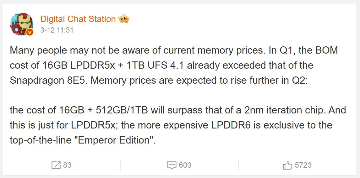 Giá RAM và bộ nhớ UFS tăng mạnh, vượt cả Snapdragon 8 Elite Gen 5 trên flagship 2026- Ảnh 2.