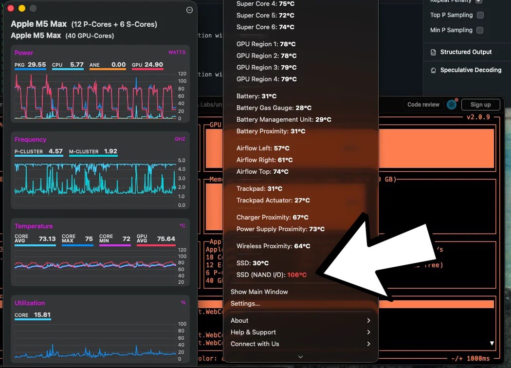 MacBook Pro M5 Max: SSD PCIe Gen 5 đạt 106&deg;C khi chạy AI, đặt dấu hỏi về giải ph&aacute;p tản nhiệt của Apple - Ảnh 2.