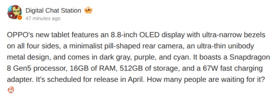 OPPO Pad Mini lộ th&ocirc;ng số: chip Snapdragon 8 Gen 5, OLED 8.8 inch, sạc 67W - chỉ thiếu mỗi dung lượng pin - Ảnh 2.