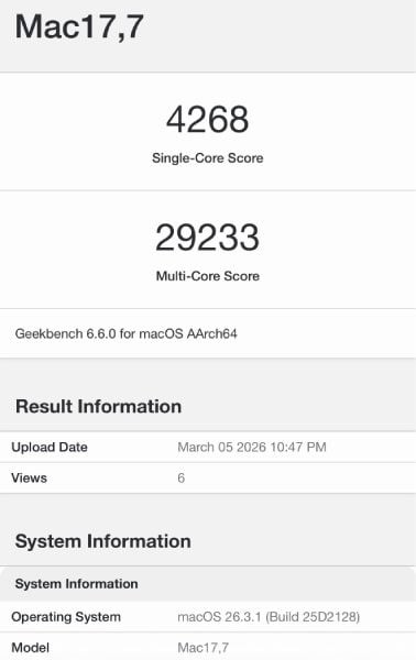 Apple M5 Max đạt 29.233 điểm Geekbench đa nh&acirc;n, cao hơn 15% so với M4 Max - Ảnh 1.