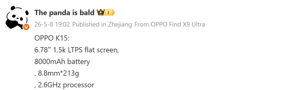 OPPO K15 lộ diện: Pin 8.000mAh nhưng th&acirc;n m&aacute;y chỉ d&agrave;y 8,8mm - Ảnh 1.