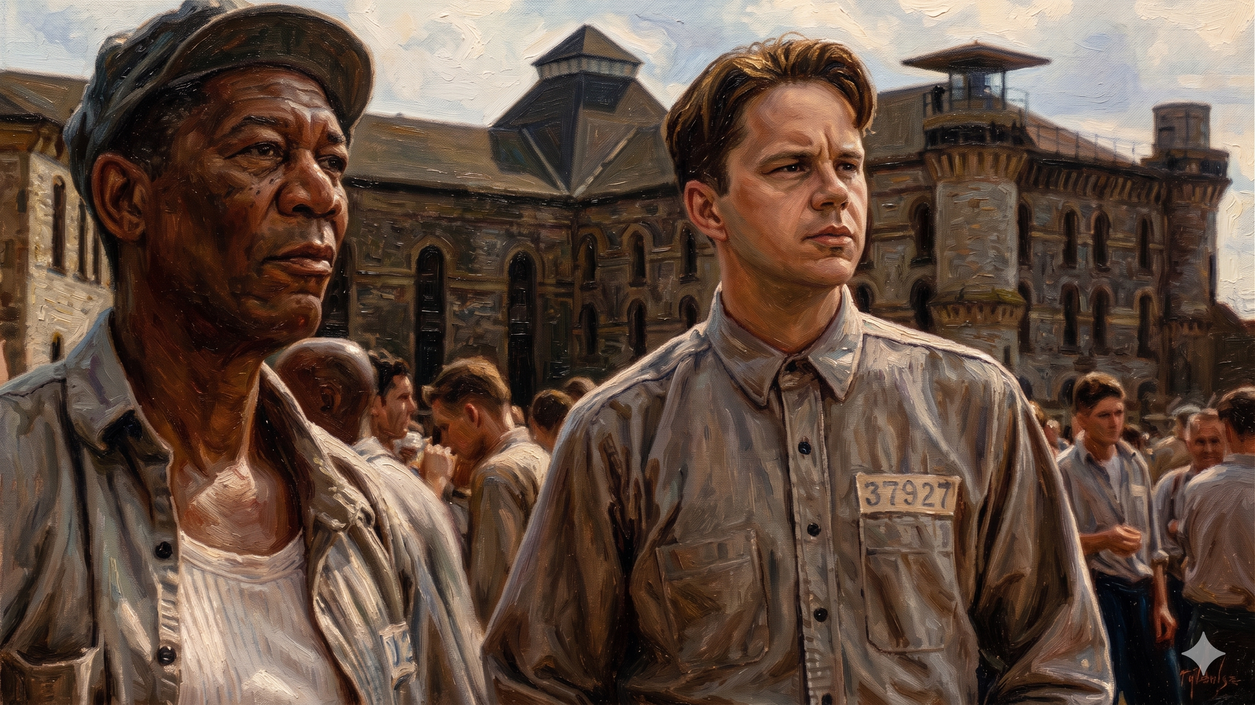Andy v&agrave; Red trong những ng&agrave;y đầu ở Shawshank - Ảnh minh họa bởi AI.