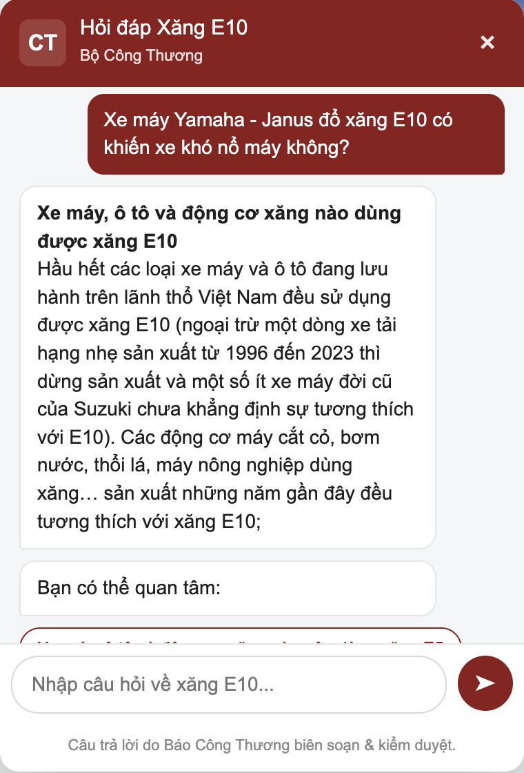 Xăng E10 b&aacute;n đại tr&agrave; to&agrave;n quốc, Bộ C&ocirc;ng Thương đưa chatbot hỗ trợ người d&acirc;n tra cứu - Ảnh 2.