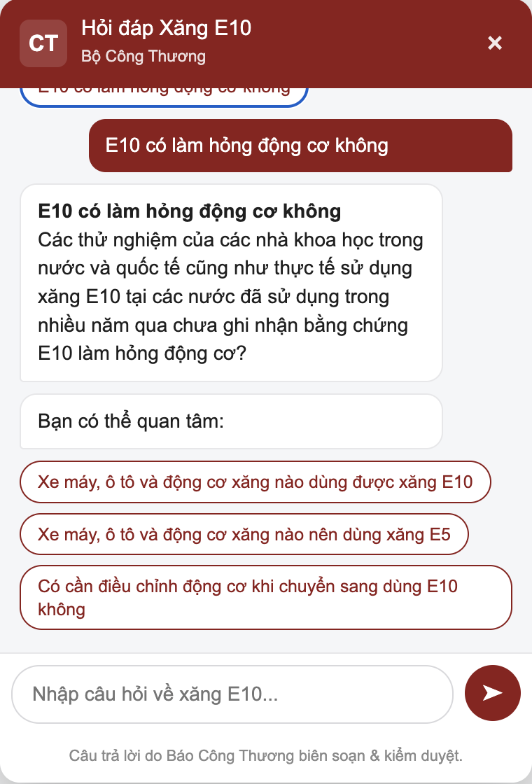 Xăng E10 b&aacute;n đại tr&agrave; to&agrave;n quốc, Bộ C&ocirc;ng Thương đưa chatbot hỗ trợ người d&acirc;n tra cứu - Ảnh 3.