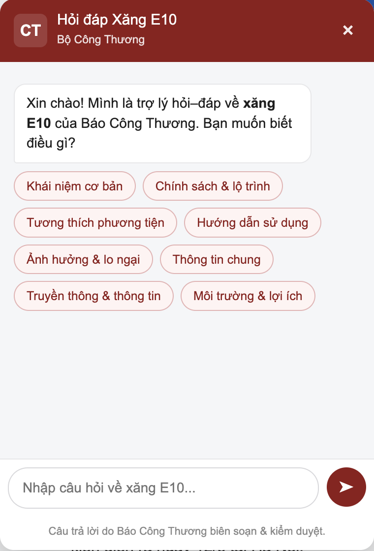 Xăng E10 b&aacute;n đại tr&agrave; to&agrave;n quốc, Bộ C&ocirc;ng Thương đưa chatbot hỗ trợ người d&acirc;n tra cứu - Ảnh 1.
