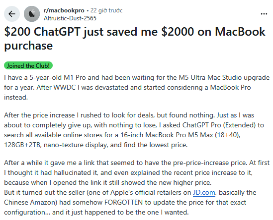 D&ugrave;ng g&oacute;i ChatGPT 200 USD t&igrave;m mua MacBook Pro M5 Max, người d&ugrave;ng bất ngờ khi tiết kiệm được 2.000 USD- Ảnh 1.