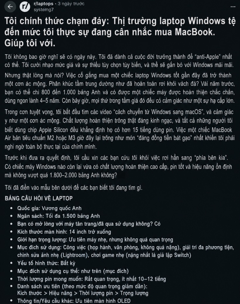 Từng cười nhạo MacBook, giờ người d&ugrave;ng &ldquo;quay xe&rdquo; v&igrave; thị trường laptop Windows đ&atilde; trở th&agrave;nh &ldquo;cơn &aacute;c mộng&rdquo; - Ảnh 1.