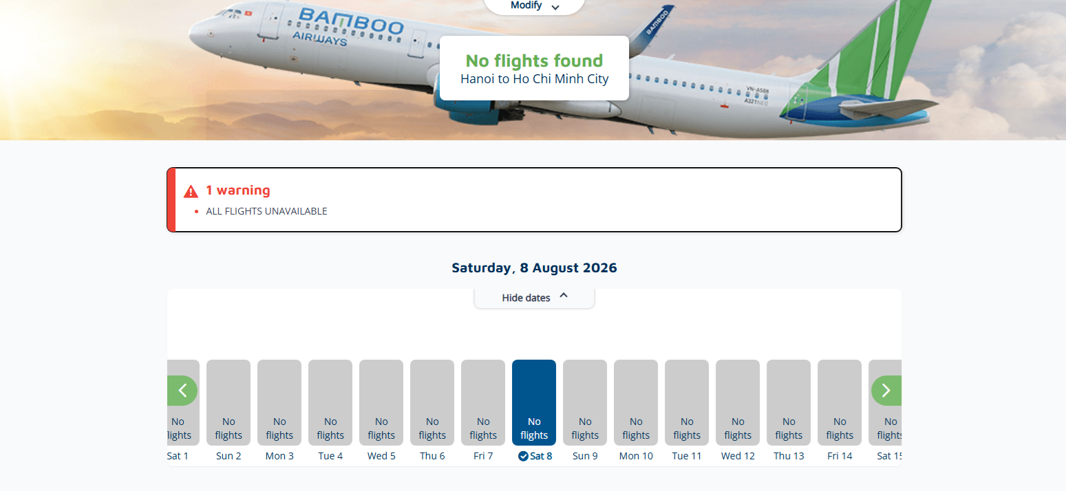 Website Bamboo Airways không còn hiển thị chuyến bay khả dụng trong tháng 8 trên nhiều đường bay  - Ảnh 1.
