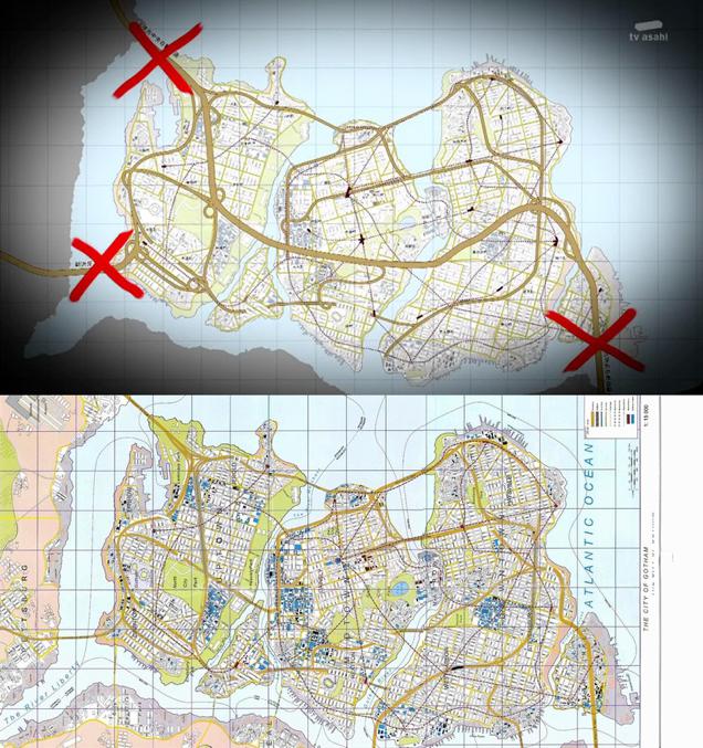 Bên trên là bản đồ Zawame còn bên dưới là bản đồ của Gotham City
