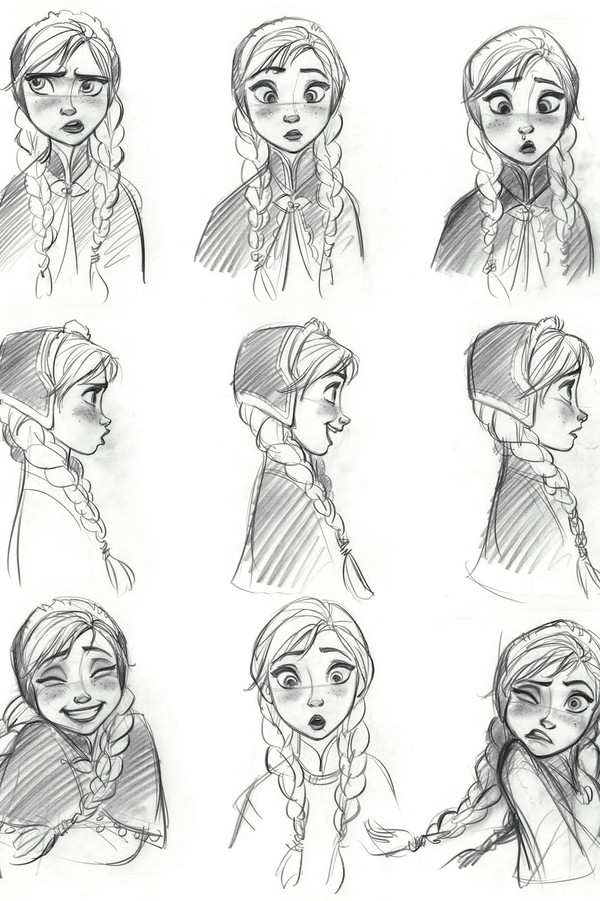 Một bản vẽ thiết kế nhân vật cho thấy các họa sĩ tạo ra nhiều gương mặt phù hợp với các tâm trạng của Anna trong Frozen. 