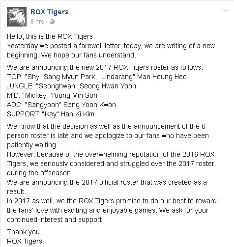 
ROX Tigers công bố đội hình cho mùa giải 2017
