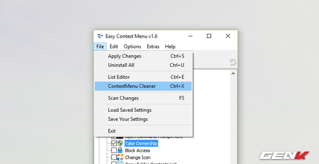  Để xóa các lệnh mà mình đã thêm vào hoặc đã có sẳn ở menu chuột phải, bạn hãy truy cập vào File -> ContextMenu Cleaner. 