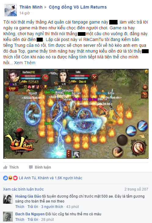 
Bài đăng chứa đựng nhiều bức xúc của game thủ RikCamTu đối với việc Võ Lâm Returns chậm ngày ra mắt.
