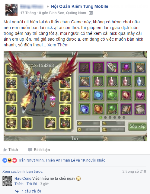 Bài post rao bán account game với giá rẻ như cho được đăng tải bởi chính nick Facebook của Tùng Vinh, nhưng thực chất đêm hôm đó, vợ của anh là người làm chuyện này.