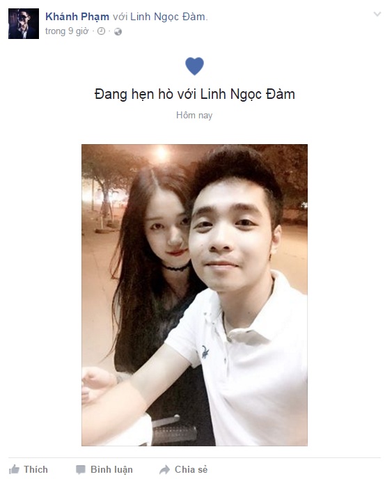 
Khánh Kz công khai hẹn hò với Linh Ngọc Đàm trên Facebook cá nhân
