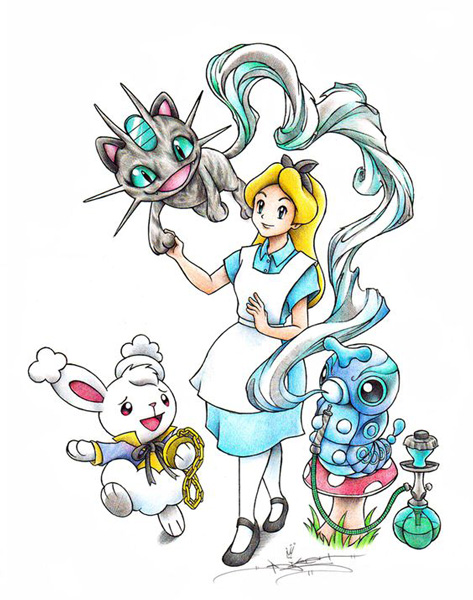 Trong thế giới “phê pha” của Alice in wonderland, Caterpie và Meowth trở thành bạn đồng hành