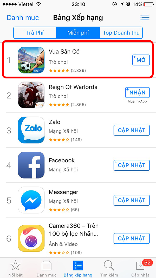 
Vua Sân Cỏ đứng Top 1 bảng xếp hạng trên AppStore
