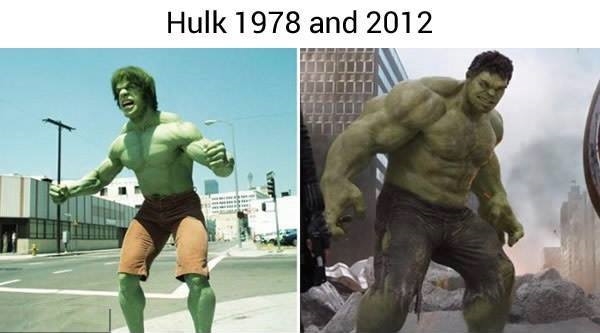 
Hulk ở phiên bản năm 1978 trông không khác gì một anh chàng tập thể hình với làn da nhuộm xanh như người Namek trong Dragon Ball, khác hẳn với hình dạng khổng lồ mạnh mẽ của Hulk ngày nay.

