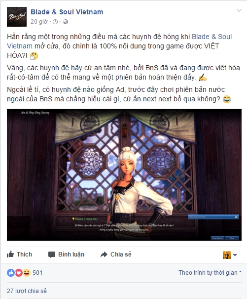 
Trang Fanpage Blade and Soul khẳng định game sẽ được Việt hóa 100% tại nước ta
