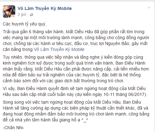 
Thông báo gỡ bỏ tính năng Mắt Diều Hâu trong Võ Lâm Truyền Kỳ Mobile từ NPH VNG
