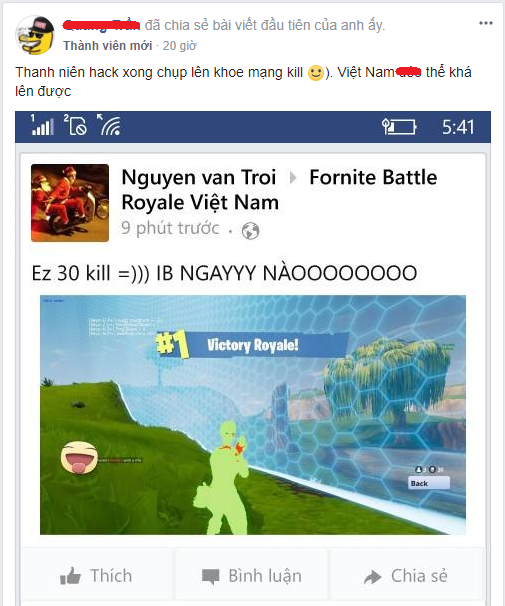 
Trẻ trâu Việt khoe khoang chiến tích giết được 30 mạng trong game nhờ hack.
