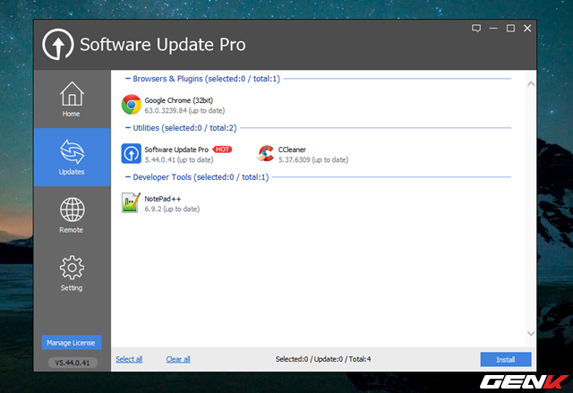  Ngoài các tùy chọn cài đặt phần mềm, Glarysoft Software Update Pro còn hỗ trợ người dùng kiểm tra và cài đặt các phiên bản phần mềm mới mà người dùng đã cài đặt trong tab Updates. 