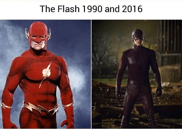 
Flash thời xưa trông cơ bắp không kém gì so với Superman... Ngày nay trông lại thư sinh và trưởng thành hơn rất nhiều nhờ trang phục tối màu cùng dáng thư sinh nhanh nhẹn.
