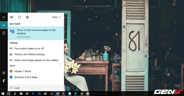 
Nhập từ khóa “icon” vào Cortana và nhấp vào kết quả mang tên là “Show or hide common icons on the desktop”.
