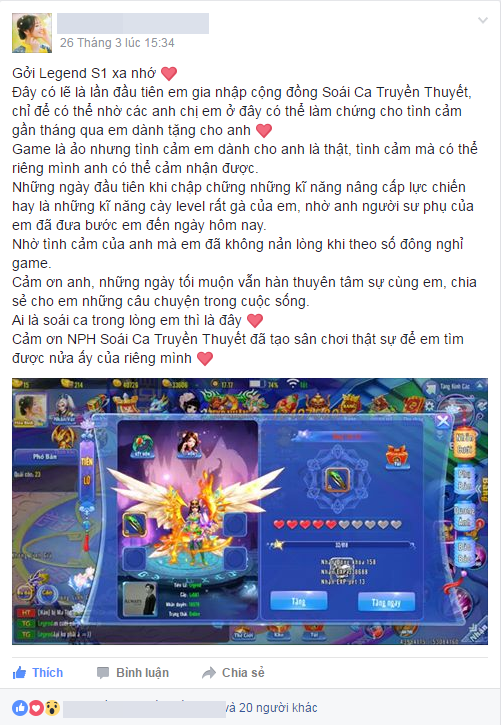 
Bức thư tình đầy mùi mẫn do chính cô vợ ảo trong game gửi tặng đến Legend – Top server S1 được đăng tải trước đó là nguồn cơn khiến người yêu của anh “nổi đóa” ghen tuông
