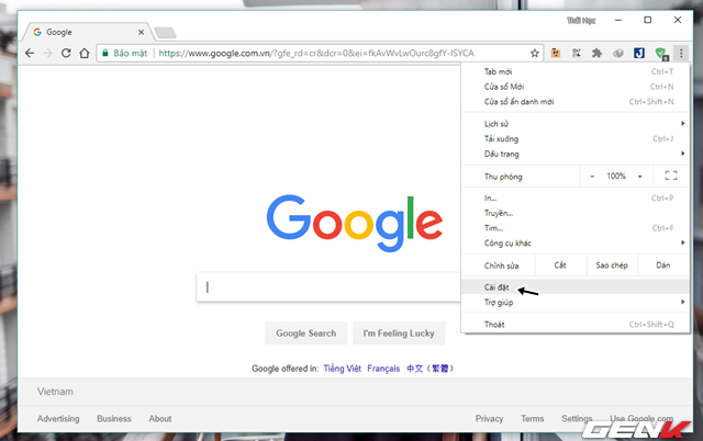  Bước 1: Nhấn vào biểu tượng menu tiện ích mở rộng Chrome và nhấn vào Cài đặt. 