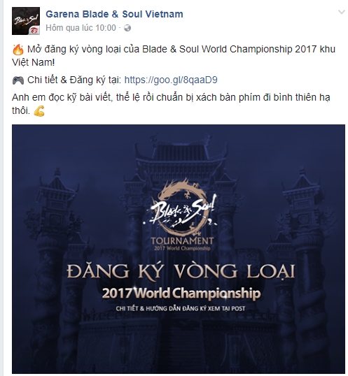 
Giải đấu vòng loại Blade and Soul World Championship 2017 khu vực Việt Nam mới được Garena cho đăng ký
