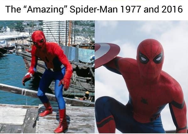 
Spider-Man phiên bản năm 1977 bị so sánh với một thây ma biết đi bởi thời đó vẫn chưa thể làm ra chiếc kính ngầu mà dễ nhìn cho diễn viên được.
