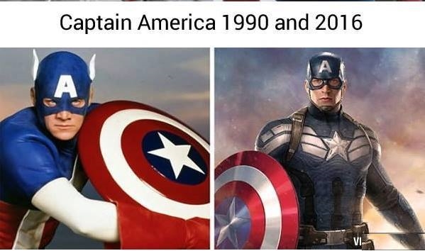 
Captain America là một nhân vật huyền thoại và chiếc khiên của anh thì có lẽ chưa bao giờ phải thay đổi một chi tiết nào. Duy có hai đôi cánh trên mũ là đã phải loại bỏ để trông người lớn hơn.
